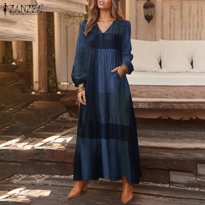 ZANZEA Bohemian Cotton Linen Maxi Dress - V-Neck Pleated Casual Kaftan