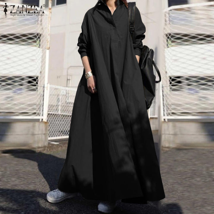 ZANZEA Vintage Button Shirt Dress - Casual Long Sleeve Maxi Autumn Sundress