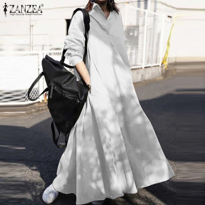 ZANZEA Vintage Button Shirt Dress - Casual Long Sleeve Maxi Autumn Sundress